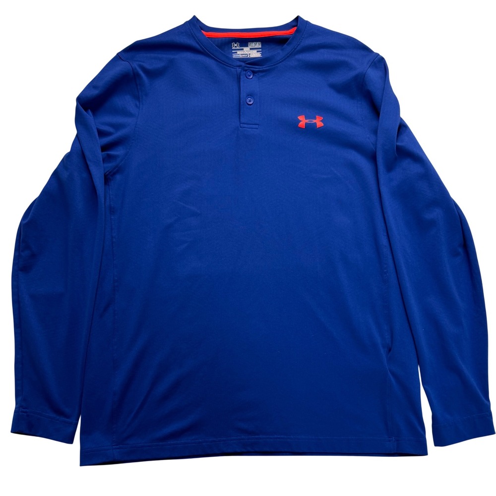 Under Armour Mens ColdGear Henley Long Sleeve Shirt Blue Orange Loose Fit Medium